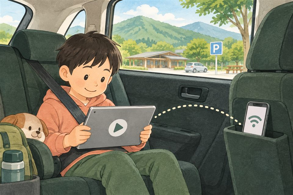 後部座席のタブレットをスマホのテザリングにつなぐ説明用イラスト