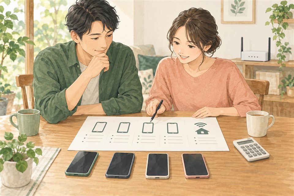 家族のスマホ4回線と自宅ネットの費用を整理する説明用イラスト