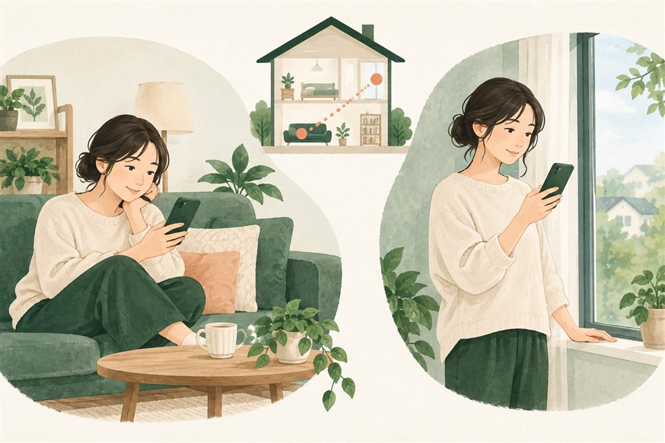 自宅のソファと窓辺でスマホを確認する説明用イラスト